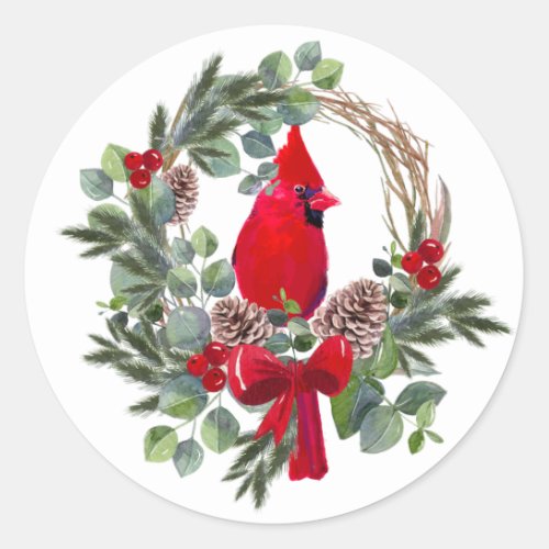 Christmas Cardinal Red Bird Watercolor Nature Art Classic Round Sticker