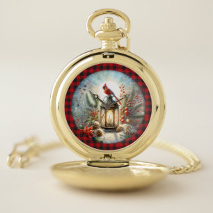Christmas Cardinal Remember Loved one Lantern Pocket Watch