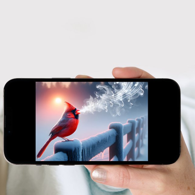 Christmas Cardinal Singing In Frosty Sunrise Holiday Card (Front Digital)