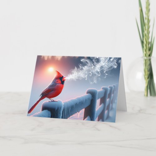 Christmas Cardinal Singing In Frosty Sunrise Holiday Card