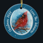 Christmas Cardinal Snowflakes on Red or Blue Ceramic Ornament<br><div class="desc">Christmas Cardinal Snowflakes on Red or Blue Ceramic Ornament - A snowy background with dark blue create a lovely space for the Cardinal to rest. The other side of the ornament has a bright red background. A shimmery silver snowflake background is also on both sides. Winter is a beautiful time...</div>