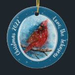 Christmas Cardinal Snowflakes on Red or Blue Ceramic Ornament<br><div class="desc">Christmas Cardinal Snowflakes on Red or Blue Ceramic Ornament - A snowy background with dark blue create a lovely space for the Cardinal to rest. The other side of the ornament has a bright red background. A shimmery silver snowflake background is also on both sides. Winter is a beautiful time...</div>