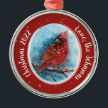 Christmas Cardinal Snowflakes on Red or Blue Metal Ornament<br><div class="desc">Christmas Cardinal Snowflakes on Red or Blue Ceramic Ornament - A snowy background with dark blue create a lovely space for the Cardinal to rest. The other side of the ornament has a bright red background. A shimmery silver snowflake background is also on both sides. Winter is a beautiful time...</div>