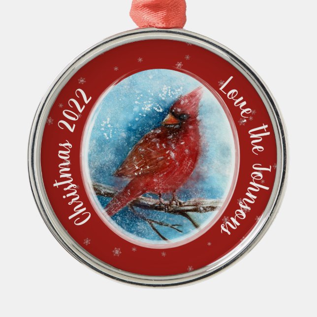 Christmas Cardinal Snowflakes on Red or Blue Metal Ornament (Front)