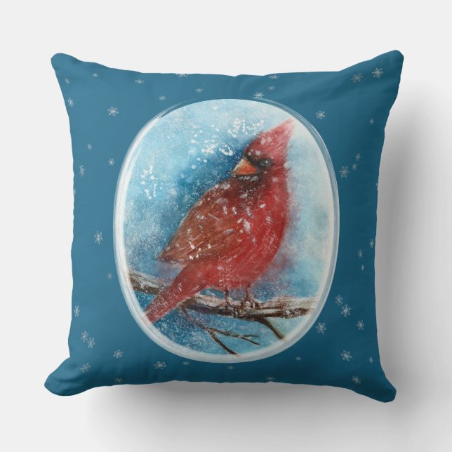 Christmas Cardinal Snowflakes on Red or Blue Throw Pillow (Front)