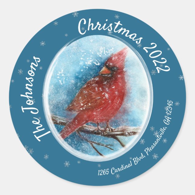 Christmas Cardinal Snowflakes Return Address  Classic Round Sticker (Front)