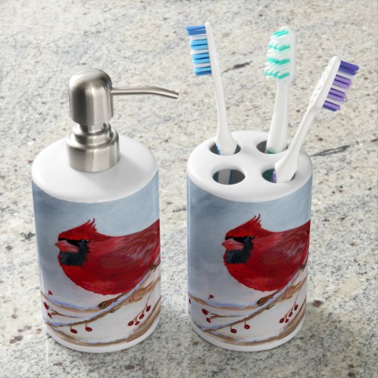Christmas Cardinal Soap Dispenser & Toothbrush Holder (Front)