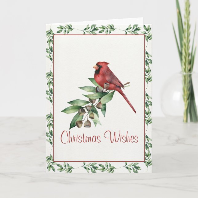 Christmas Cardinal with Greenery Holiday Card (Front)