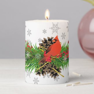 Christmas  Cardinal with Greenery Pillar Candle