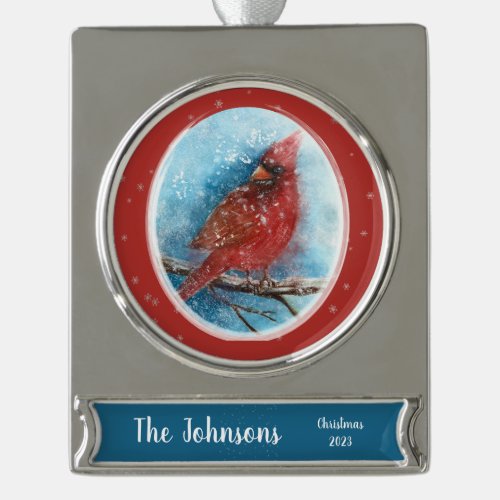 Christmas Cardinal with Name  Date Silver Plated Banner Ornament