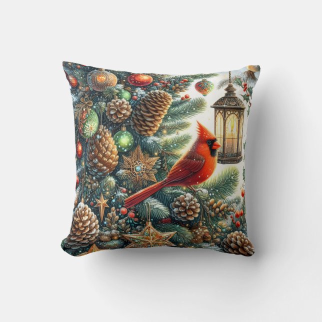 Christmas Cardinal with Pinecones and Lanterns Throw Pillow (Front)