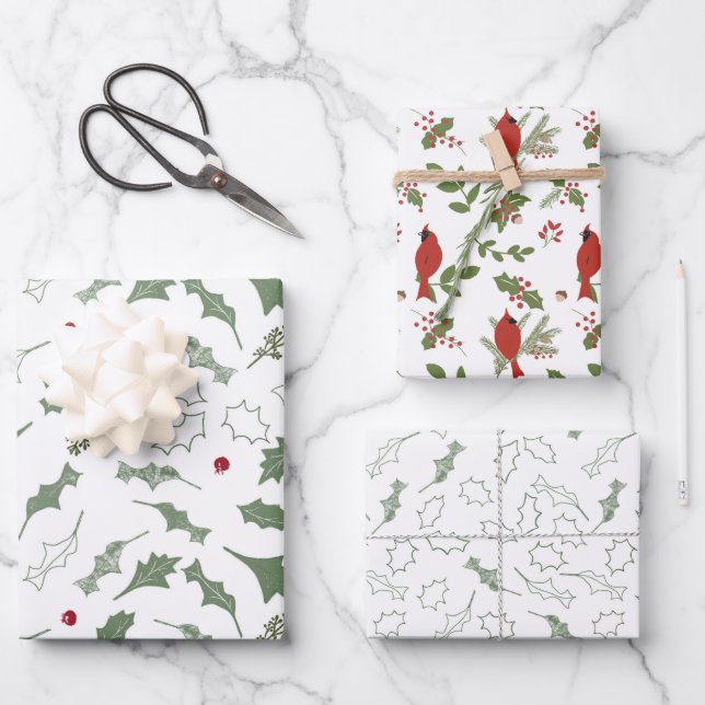 Christmas Cardinals and Holly Wrapping Paper (Front)