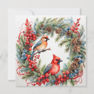 Christmas Cardinals, Berries, Pinecones Wreath Holiday Card