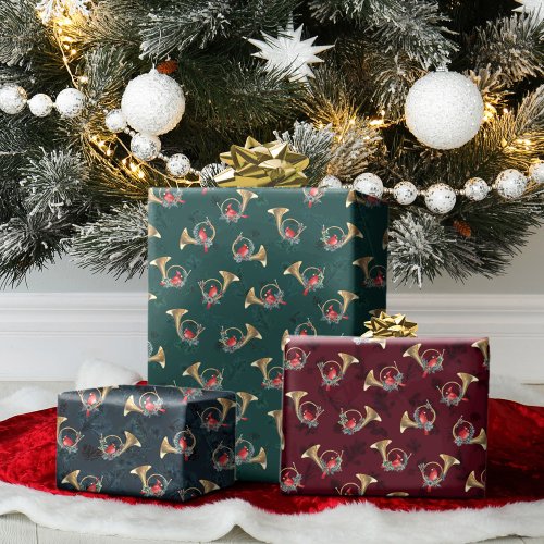 Christmas Cardinals in Gold Horns with Pine Sprigs Wrapping Paper Sheets