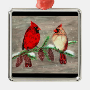 christmas cardinals metal ornament