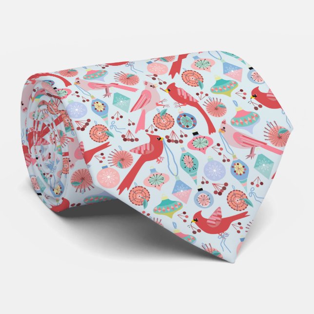 Christmas Cardinals Midcentury Modern Neck Tie (Rolled)