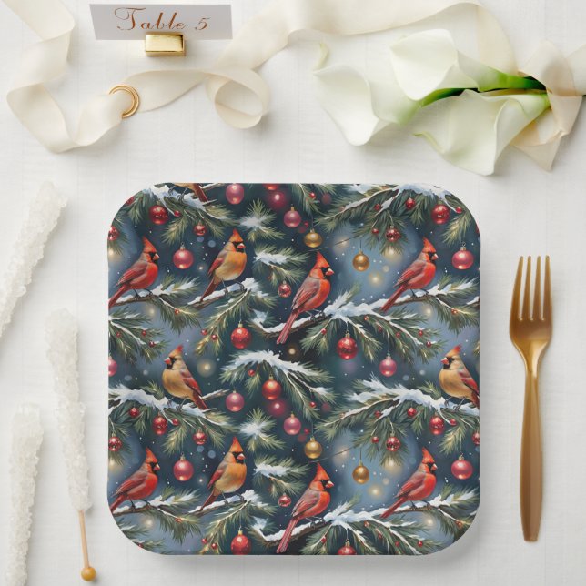 Christmas Cardinals On Snowy Branches & Ornaments Paper Plates (Wedding)