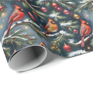 Christmas Cardinals On Snowy Branches & Ornaments Wrapping Paper