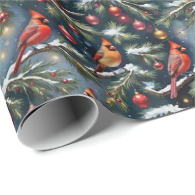 Christmas Cardinals On Snowy Branches &amp; Ornaments Wrapping Paper