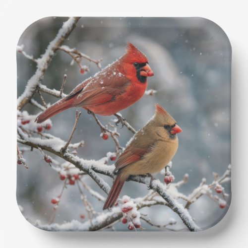 Christmas Cardinals on Winter Tree Branch Paper Plates
