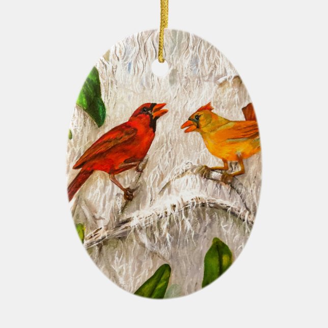 Christmas Cardinals. Singing of love Ceramic Ornament (Front)