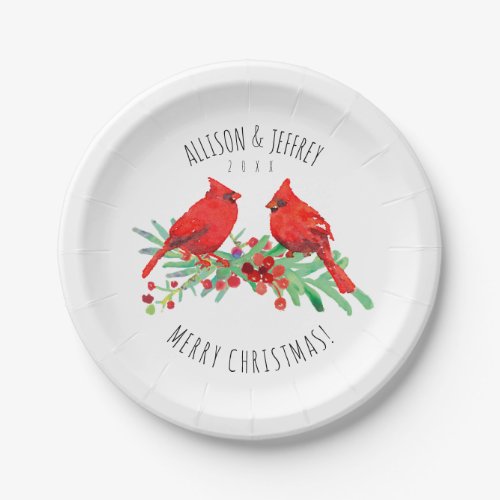 Christmas Cardinals Watercolor Holly Berries Names Paper Plates