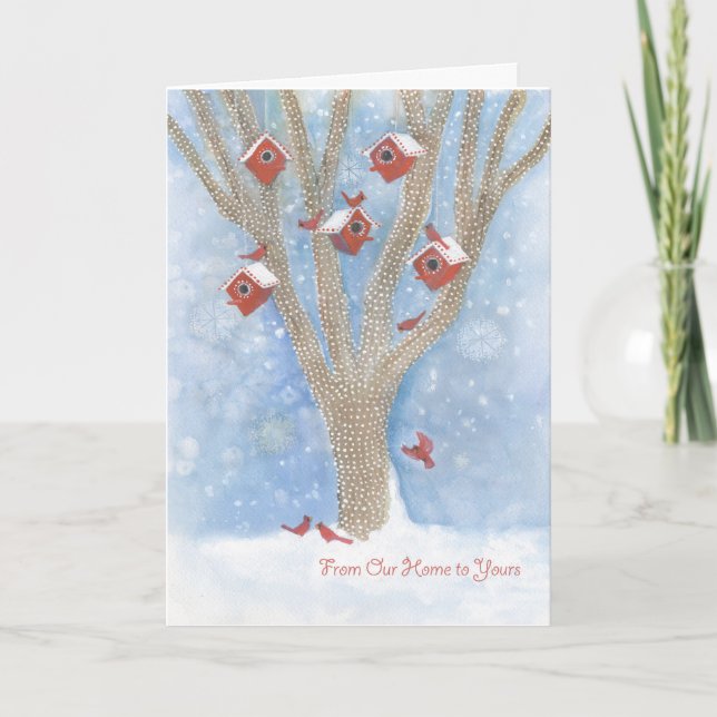 Christmas Cardinals with Birdhouses in Tree Holiday Card (Front)