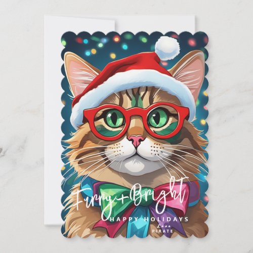 Christmas Cards Furry and Bright Colorful Cat Holiday Card