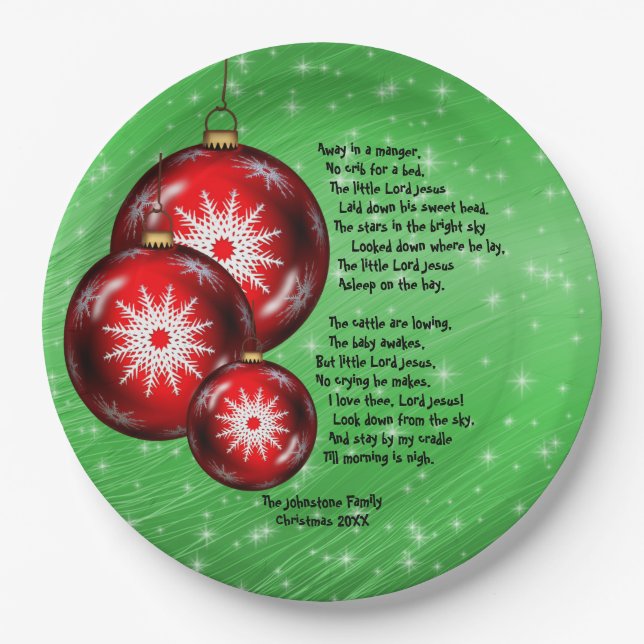 Christmas Carol Lyrics Away In A Manger  9" Paper Plates (Front)