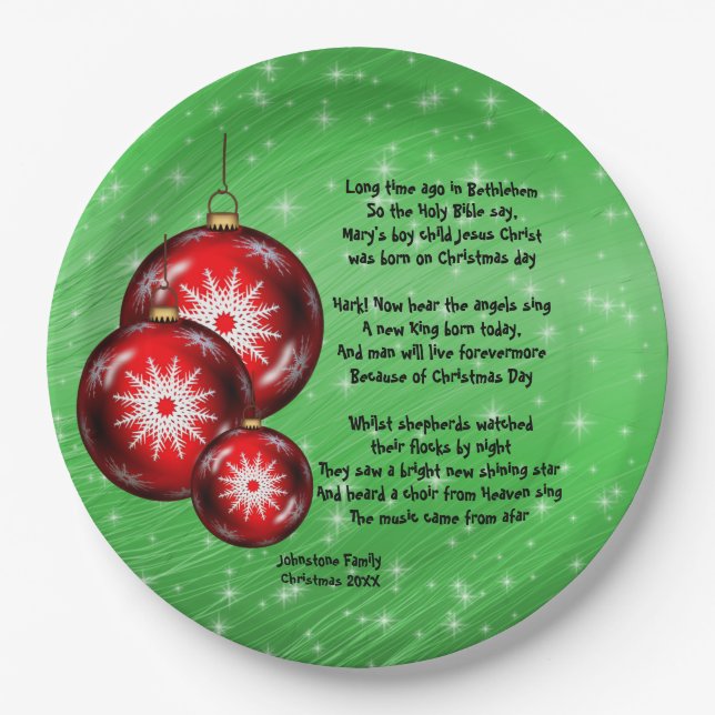 Christmas Carol Lyrics Long Time Ago 9" Paper Plates (Front)