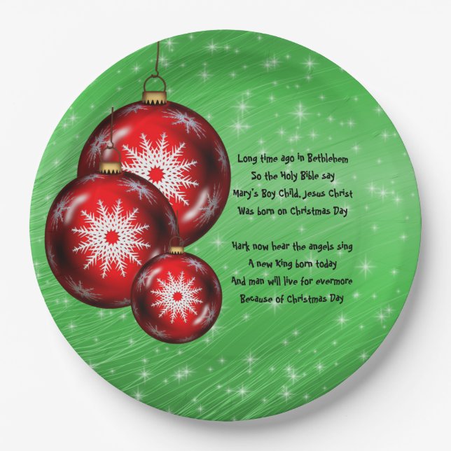 Christmas Carol Lyrics Long Time Ago 9" Paper Plates (Front)