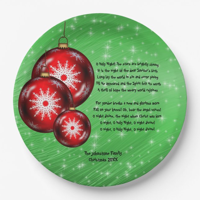Christmas Carol Lyrics - O Holy Night - Large 9" Paper Plates (Front)