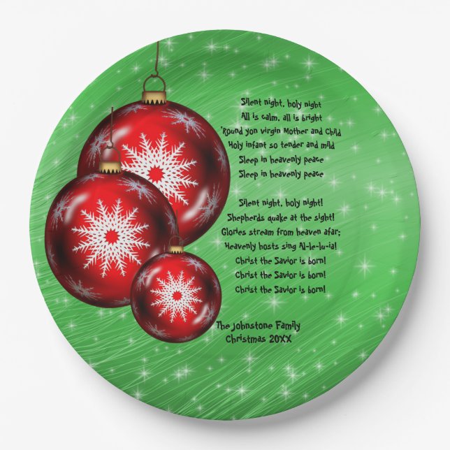 Christmas Carol Lyrics - Silent Night - Large 9" Paper Plates (Front)