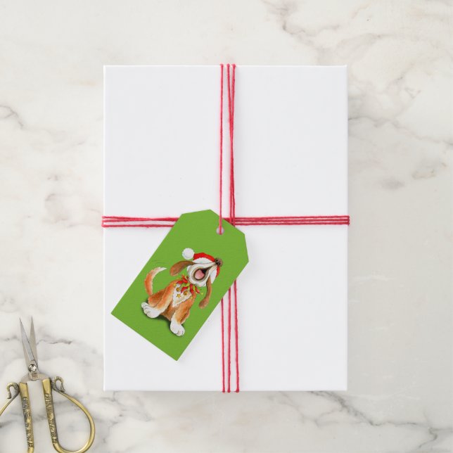 Christmas carol singing dog green gift tag (With Twine)