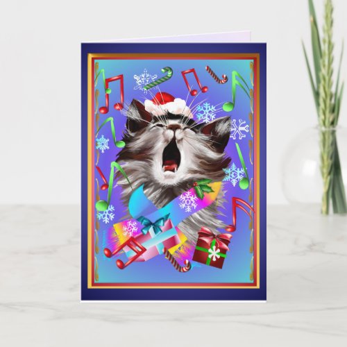 Christmas Carol Singing Kitty Holiday Card