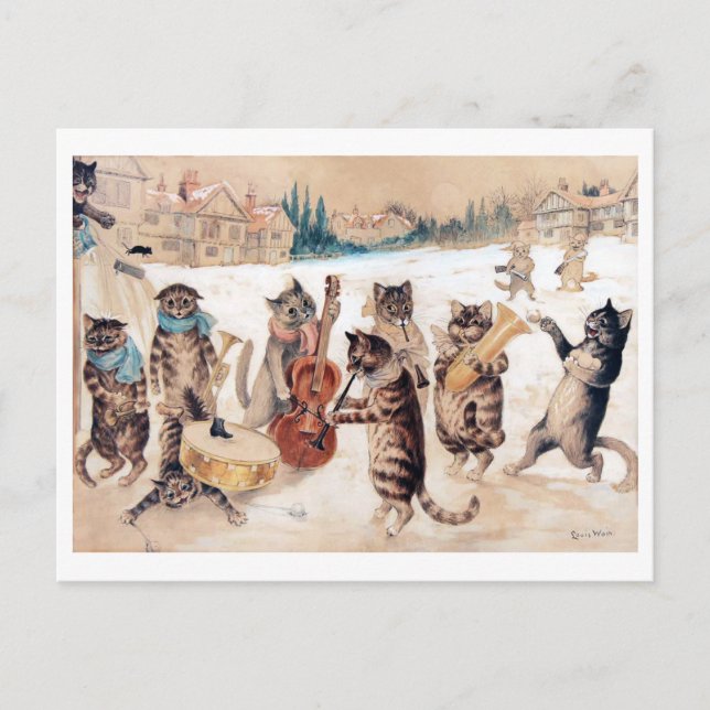 Christmas Carol Singing, Louis Wain Postcard (Front)