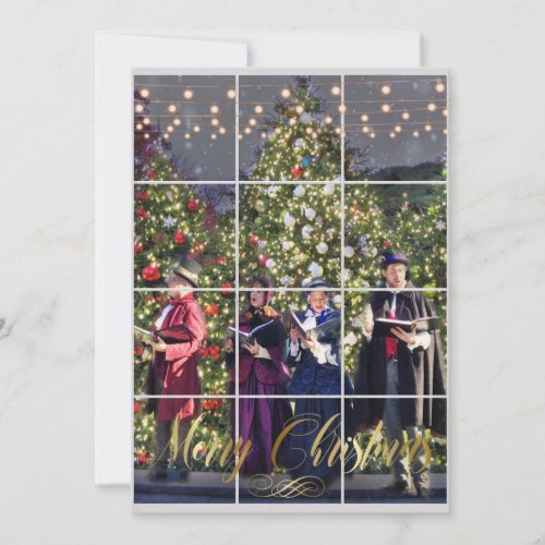 Christmas Carolers Decorated Trees Snow Fall FLAT Holiday Card