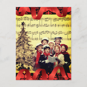 Christmas Carolers Red Ribbon Musical Postcard