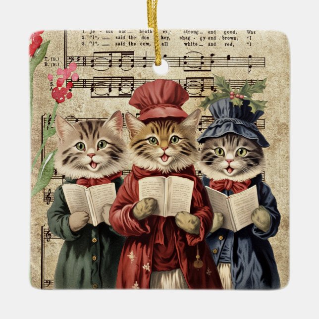 Christmas Caroling Cats Ceramic Ornament (Front)