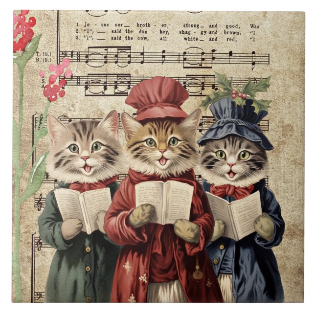 Christmas Caroling Cats Ceramic Tile (Front)