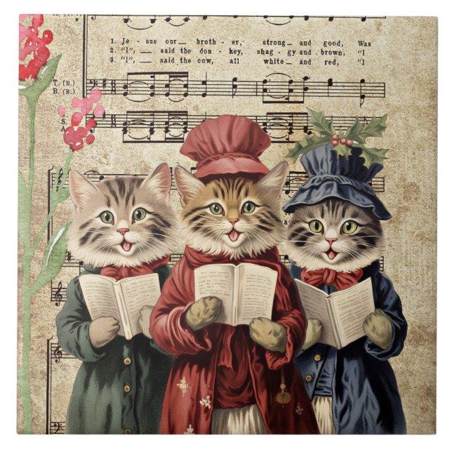Christmas Caroling Cats Ceramic Tile (Front)