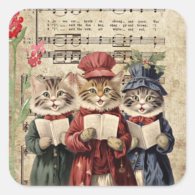 Christmas Caroling Cats Square Sticker (Front)