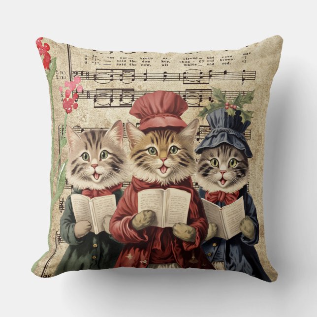 Christmas Caroling Cats Throw Pillow (Front)
