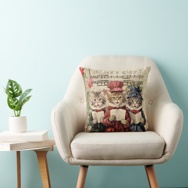 Christmas Caroling Cats Throw Pillow (Chair)
