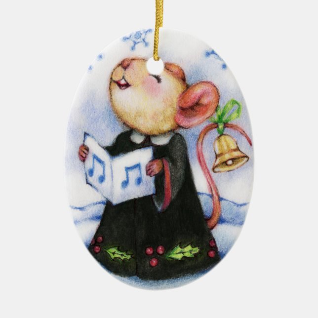 Christmas Caroling Mouse Cute Holiday Ornament (Front)