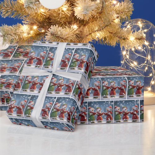 Christmas Caroling Snowmen In Snowflakes Wrapping Paper