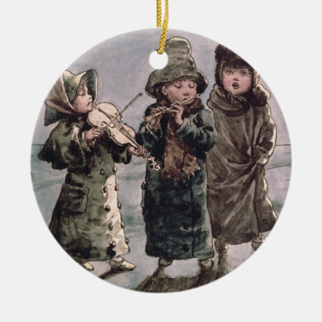Christmas Caroling (w/c on paper) Ceramic Ornament (Front)