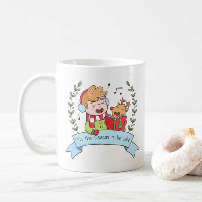 Christmas Carols Boy and Reindeer Jolly Mug (With Donut)
