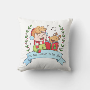 Christmas Carols Boy and Reindeer Throw Pillow