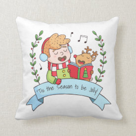 Christmas Carols Boy and Reindeer Throw Pillow